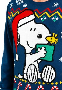 Knit sweater featuring a blue background, red accents, and a pattern of Snoopy holding a green gift. Includes white snowflakes and candy canes.