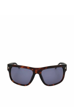 Occhiali da sole rettangolari con montatura tartarugata, lenti scure e piccoli accenti triangolari argentati agli angoli della montatura.