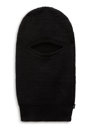 Czarna dziana kominiarka z otworem na twarz, charakteryzująca się prążkowaną teksturą i opuszczanym mankietem na dole. Kompaktowy i dopasowany design.