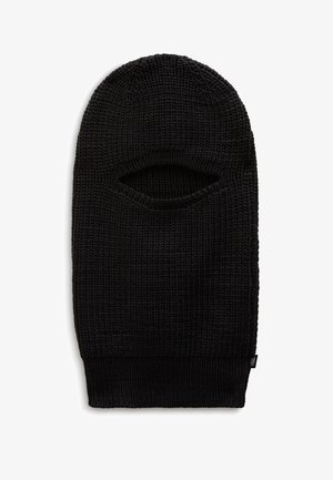 Czarna dziana kominiarka z otworem na twarz, charakteryzująca się prążkowaną teksturą i opuszczanym mankietem na dole. Kompaktowy i dopasowany design.