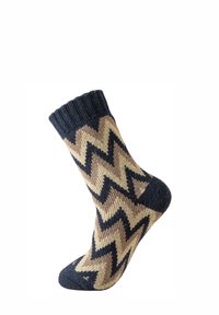 Knit sock featuring a zigzag pattern in dark blue and beige, with a ribbed cuff and standard sock shape for comfort and fit.