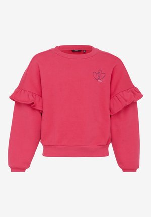 Rosa Sweatshirt mit gerafften Ärmeln, Rundhalsausschnitt und kleinem Herzstick auf der Brust. Weicher Baumwollstoff und verkürzte Passform.