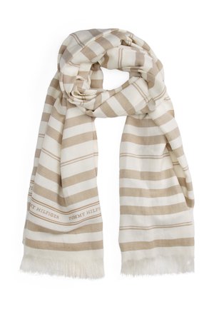 Crème en beige gestreepte sjaal met franjes aan de uiteinden en subtiele tekstdetails langs één rand.