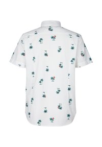 Camicia bianca a maniche corte con motivi di palme verdi e tramonti rosa. Tessuto testurizzato con colletto standard e orlo dritto.