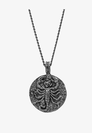 Pendentif scorpion en argent sur une chaîne torsadée. Le pendentif a une surface texturée avec un motif de scorpion en relief et un petit détail de fleur.
