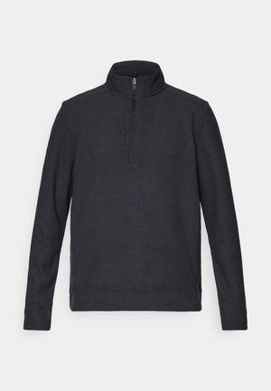 Črn pulover z zadrgo in ovratnikom iz teksturiranega pletenega materiala. Ima dolge rokave in stoječ ovratnik za toploto in udobje. Preprost, klasičen dizajn.