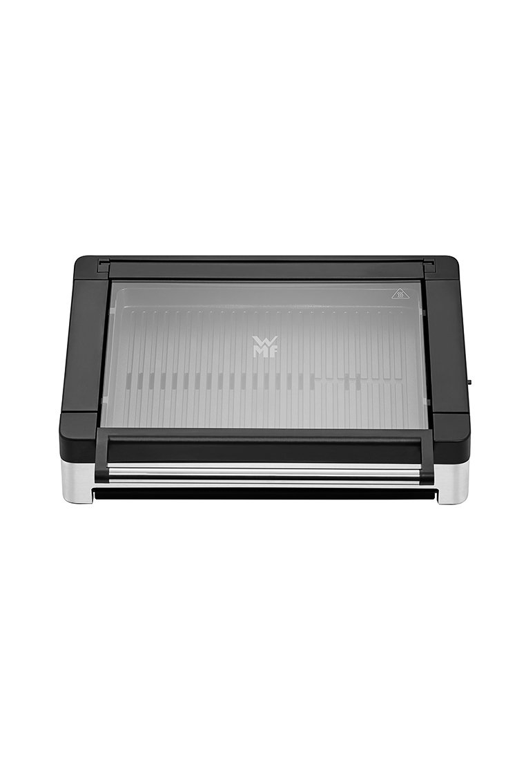 Schwarzer rechteckiger Elektrogrill mit transparentem Deckel, Edelstahl-Akzenten und gerippter Grillfläche; modernes Design.