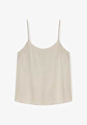 Camisole beige sans manches avec de fines bretelles spaghetti réglables et une coupe droite et ample.