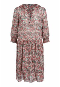 Robe florale en tissu transparent avec un ourlet à volants. Présente des motifs de fleurs rouges et vertes, un col à nouer et des manches trois-quarts.