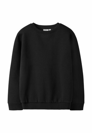 Czarny longsleeve z okrągłym dekoltem i prążkowanymi mankietami oraz dołem, wykonany z gładkiego materiału, prezentowany na białym tle.