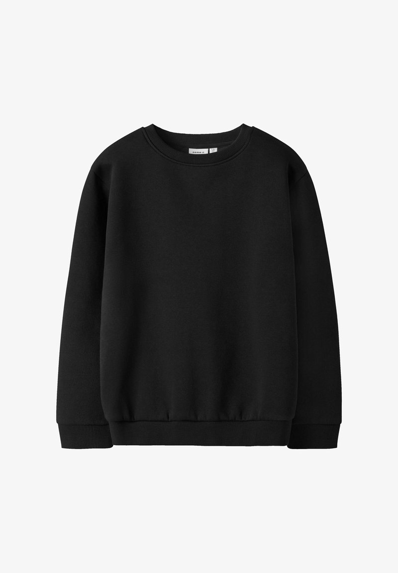 Felpa nera a maniche lunghe con collo rotondo, dotata di polsini e fondo a costine, realizzata in tessuto liscio, esposta su uno sfondo bianco.