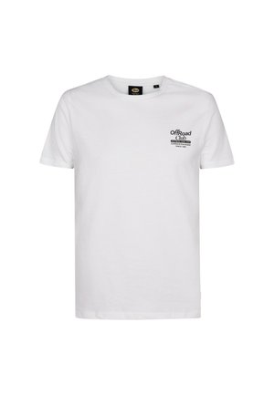 T-shirt bianca a maniche corte con scollo rotondo, con piccolo testo nero "OffRoad Club" e logo stampati sul petto in alto a sinistra.
