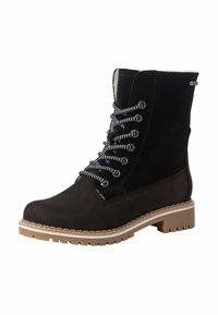 Botte de cheville en suède noir avec un bout en cuir lisse, semelle épaisse beige et lacets à motif contrastant. Présente des œillets en métal et une doublure douce.