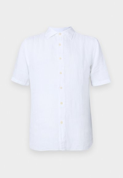 Balta trumpų rankovių marškiniai, pagaminti iš lino, su mygtukų užsegimu priekyje, minkšta tekstūra ir subtilus blizgesys. Mygtukai yra šviesiai geltoni.