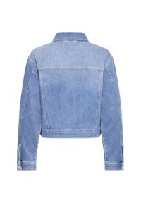 Világoskék farmerdzseki, rövidített fazon, hegyes gallérral és gombos mandzsettával. Klasszikus varrás és texturált felület.