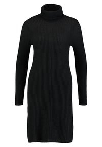 Černé žebrované pletené šaty s vysokým rolákem, dlouhými rukávy a volným střihem. Textura je měkká a pružná, vhodná pro vrstvení.