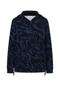 Marineblauwe hoodie met een donkerblauwe tijgerstreep patroon, voorzien van een voorzak, trekkoorden en een zachte, gestructureerde stof.