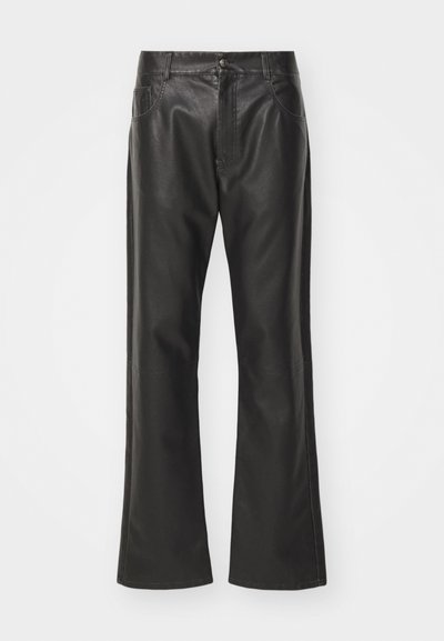 Black leather pants with a high waist, straight leg silhouette, and front pockets. Features a button closure and subtle sheen.