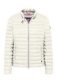 Puchowa biała kurtka z pikowanym wzorem, wysoki kołnierz, zamek błyskawiczny z przodu oraz zasuwane kieszenie po bokach. Wnętrze ma kolorowe wykończenie.