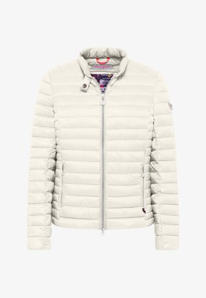 Puffige weiße Jacke mit gestepptem Muster, hohem Kragen, vorderem Reißverschluss und seitlichen Reißverschlusstaschen. Innenausstattung mit buntem Futter.