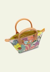 Borsa a tracolla con stampa floreale nei toni del rosa e dell'arancione, dotata di due manici in pelle marrone e chiusura con zip. L'interno è di un vivace colore verde.