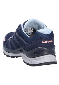 Navy athletic shoe with mesh upper and light blue accents. Features a textured heel, lace-up design, and rugged black outsole.