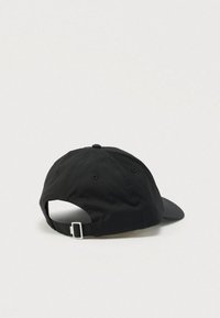 Black adjustable baseball cap with metal buckle closure shown from the back on a plain light background.