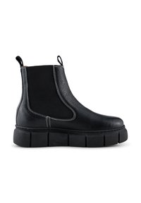 Botas Chelsea de cuero negro con parte elástica, acabado texturizado, costuras contrastantes en blanco y suela de goma negra gruesa.