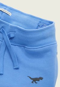 Ljusblåa sweatpants i ekologisk bomull har ett ribbat midjeband med dragsko och en liten svart dinosaurie-grafik nära fållen.