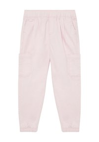 Pantalons cargo rose clair avec une taille élastique, deux poches latérales et des poignets élastiques aux chevilles. Fabriqués en tissu doux et confortable.