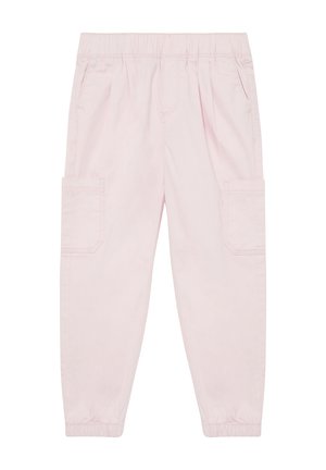 Pantaloni cargo rosa chiaro con cintura elastica, due tasche laterali e polsini elastici alla caviglia. Realizzati in tessuto morbido e confortevole.