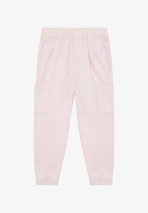 Helle rosa Cargo-Hose mit elastischem Bund, zwei Seitentaschen und elastischen Bündchen an den Knöcheln. Hergestellt aus weichem, bequemem Stoff.