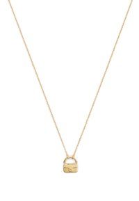 Guldkæde med en lille håndtaske vedhæng. Vedhænget har en tekstureret overflade med et rundt håndtag og indgraverede detaljer.