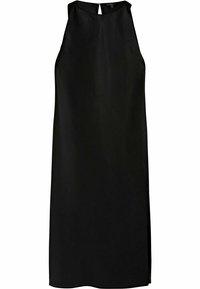Schwarzes ärmelloses Kleid mit hohem Kragen, glattem Stoff, zwei seitlichen Schlitzen und einem kleinen Schlüssellochdetail am Rücken.