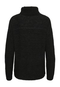 Schwarzer gestrickter Pullover mit hohem Kragen, überschnittenen Schultern und strukturiertem Rippmuster. Verfügt über eine lockere Passform und weiche, dicke Stoffqualität.