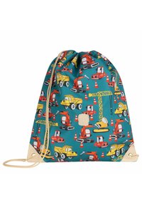 Trekkoordtas van teal stof met een kleurrijke print van bouwvoertuigen. Inclusief tan accenten en een textuurpatch.