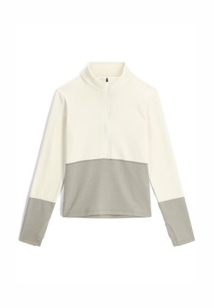 Pull en maille à fermeture zippée d'un quart en crème et gris clair. Fabriqué dans un matériau doux avec une texture lisse et des manches longues. Section grise contrastante en bas.