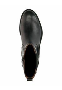 Zwarte leren enkellaars met een afgeronde neus, een gladde textuur, een ritssluiting aan de zijkant en een korte hak. Het interieur heeft een voering in een contrasterende kleur.