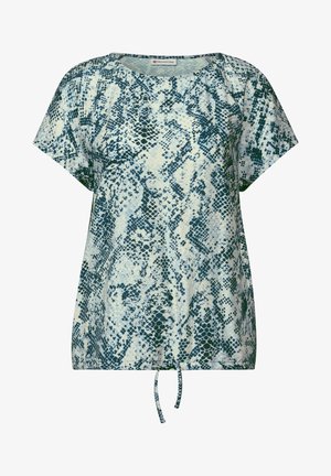 Krátký rukáv top s modro-bílým hadím vzorem. Má kulatý výstřih a stahovací spodní část. Vyrobeno z hladkého, lehkého materiálu.