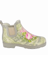 Botte de pluie en caoutchouc imprimée de motifs floraux, avec un fond vert clair, des accents gris et un design à talon bas ; elle dispose d'une languette à l'arrière.
