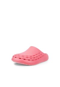Rozā izbīdāmā koka apavi ar gludu virsmu, izliekta forma un ventilācijas caurumi augšpusē gaisa caurlaidei. Mīksta materiāla.