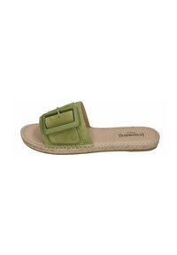 Green suede slide sandal with a large square buckle, textured strap, and braided jute detail on the sole. Soft inner lining.