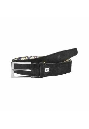 Black suede belt with a silver metal buckle. The inner side features a floral pattern with colors of purple and green. Textured finish.