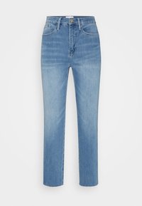 Jeans de pierna recta de color azul claro, hechos de denim con una cintura alta, diseño de cinco bolsillos y un ligero desvanecimiento. Presentan un cierre con botón dorado.