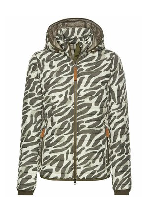 Camo-mustered Daunenjacke in Grün und Creme. Verfügt über eine Kapuze, einen Reißverschluss und braune Lederelemente an dem Reißverschluss und den Taschen.