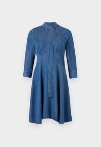 Denim dress with a fitted bodice, long sleeves, standing collar, and a flared skirt; features a button-down front and gathered details.