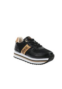 Sneaker nera realizzata in materiali mesh e pelle, con accenti beige a contrasto, design con lacci, suola intermedia a strisce bianche e dorate, suola in gomma testurizzata.