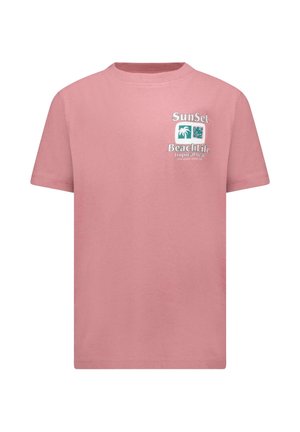 Korte mouwen, roze katoenen T-shirt met de tekst "SunSet" en "BeachLife" en palmboomgraphics in groen met witte accenten.