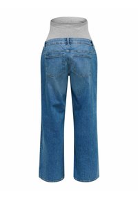 Jean de mezclilla con una cinturilla elástica gris, diseño de pierna ancha y bolsillos traseros. Color azul claro con una textura suave.