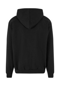 Black cotton hoodie with a regular fit, featuring a drawstring hood, ribbed cuffs, and a plain texture. No visible logos or patterns.